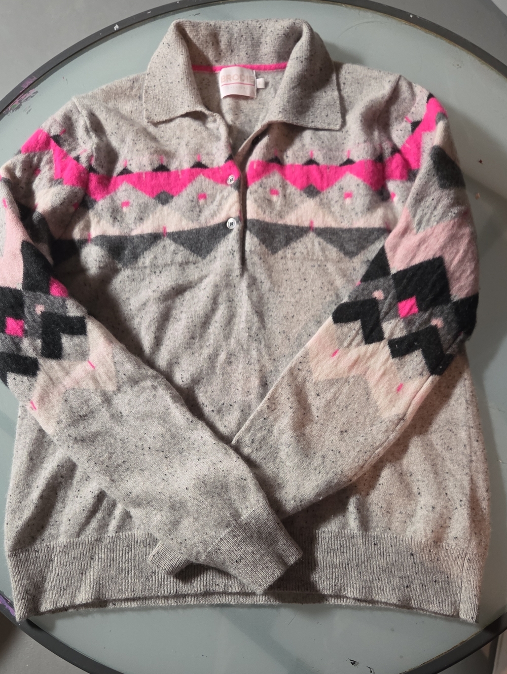 Brodie Cashmere Beige V-Neck Polo Sweater with Pink & Charcoal Fair Isle